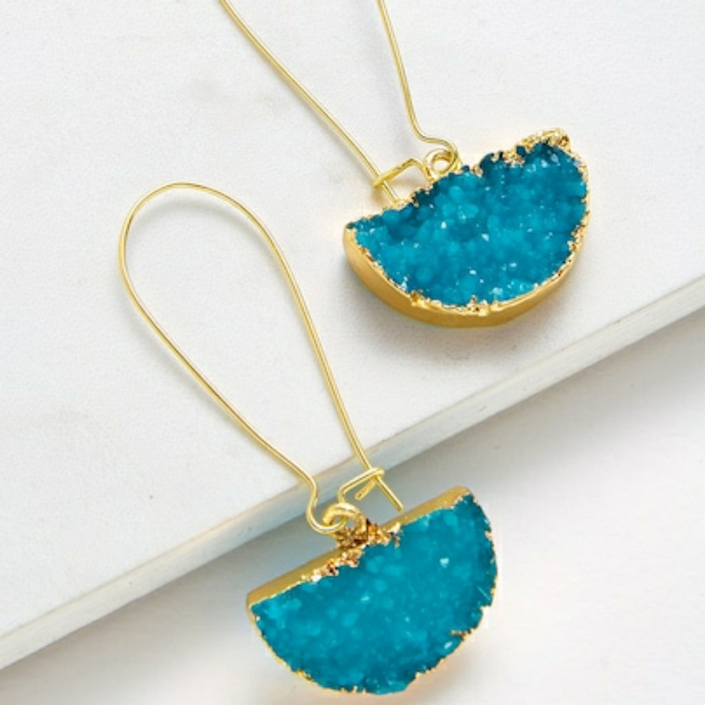 Druzzy Aqua Drop Gold Earrings